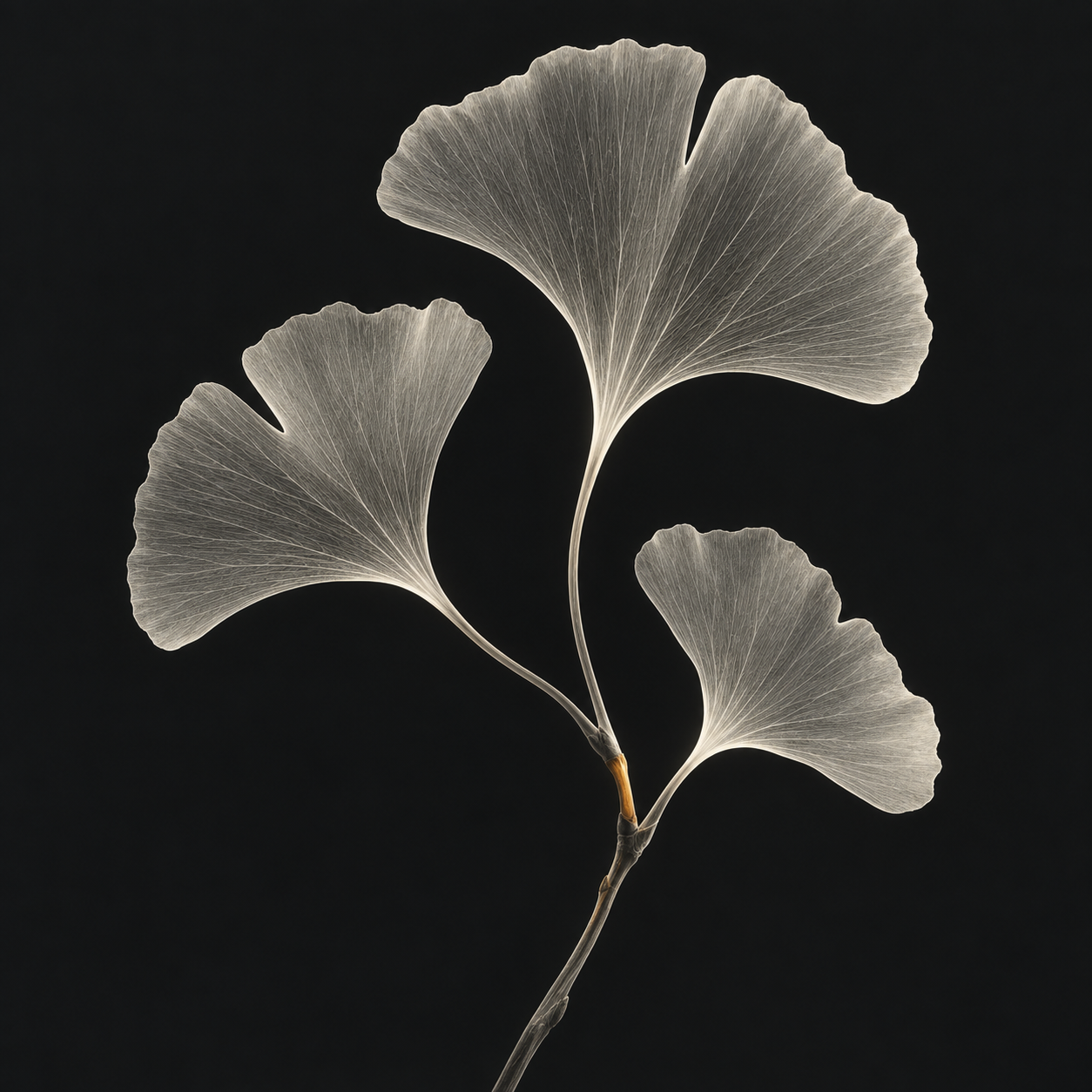 An original translucent ginkgo study, with fine branching veins against graphite.