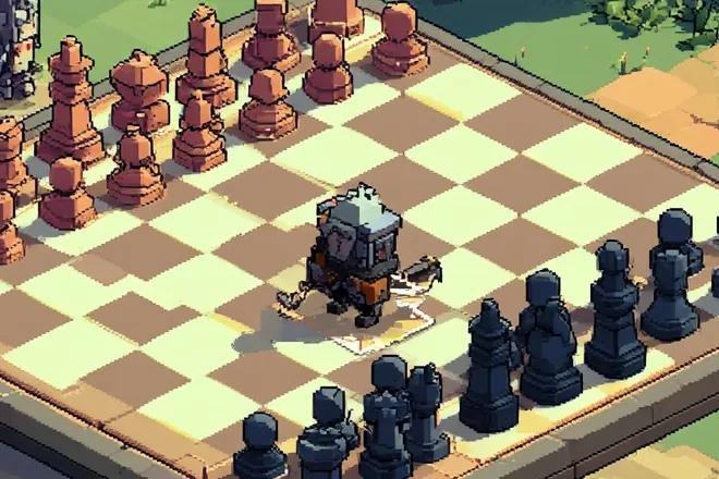 Concept art, detail: the Knight on its square, copper pieces behind and slate pieces ahead