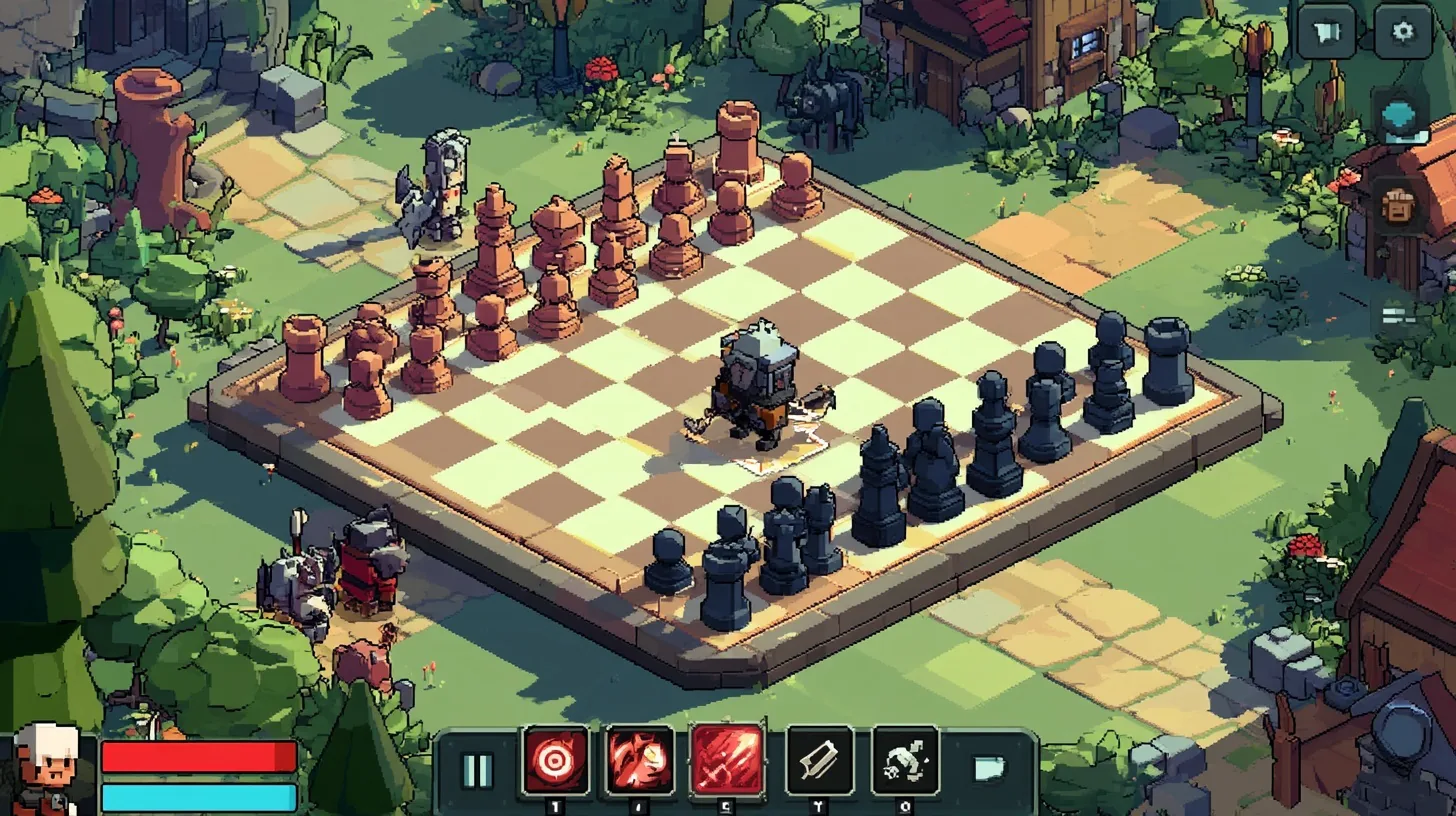 Concept art: the Knight on a chessboard in a stone village, between the copper army and the slate army