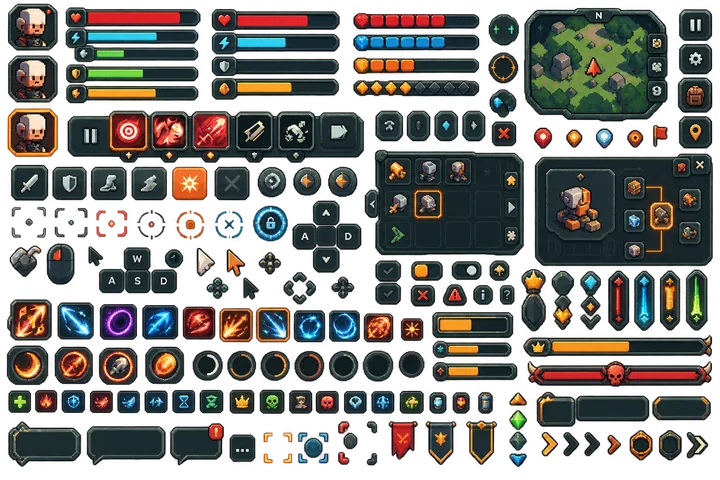 Interface kit concept on a transparent background: portraits, health and energy bars, ability icons, a minimap and buttons