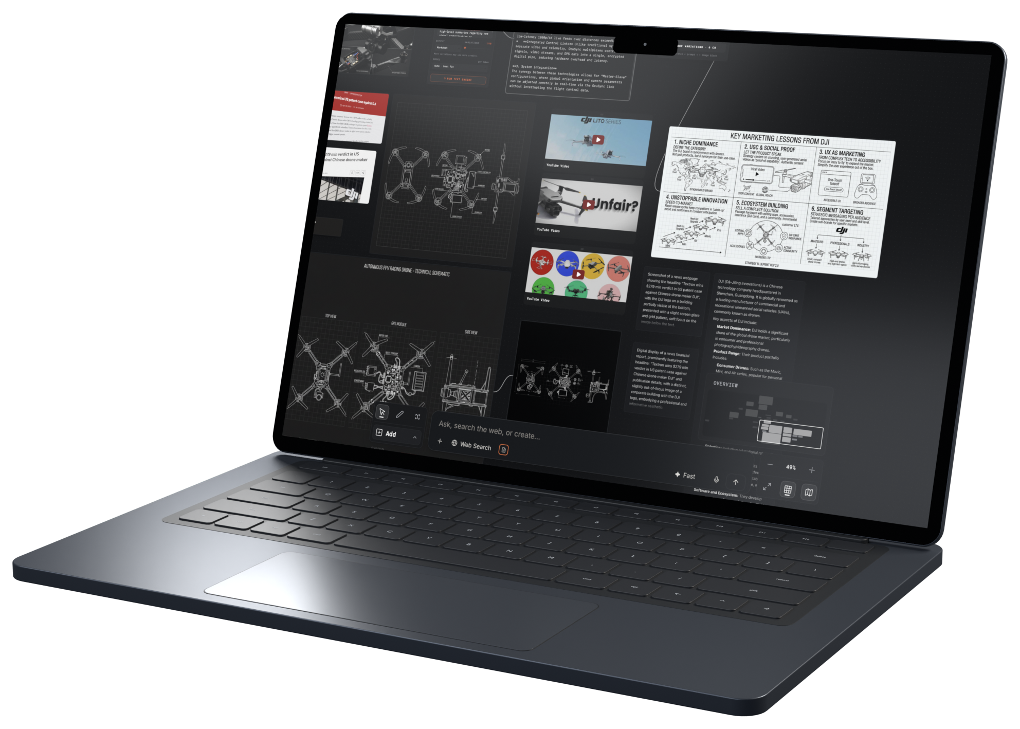 PlansFlow on a laptop: web research, video references, and a drone design connected on one canvas.